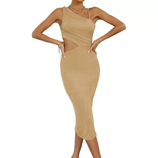 LYANER Women's One Shoulder Ruched Cut Out Split Slit Hem Sleeveless Bodycon Tank Midi Dress