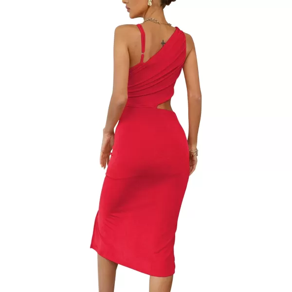 LYANER Women's One Shoulder Ruched Cut Out Split Slit Hem Sleeveless Bodycon Tank Midi Dress