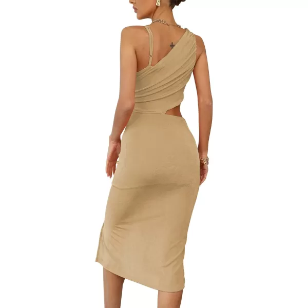 LYANER Women's One Shoulder Ruched Cut Out Split Slit Hem Sleeveless Bodycon Tank Midi Dress