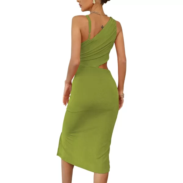 LYANER Women's One Shoulder Ruched Cut Out Split Slit Hem Sleeveless Bodycon Tank Midi Dress