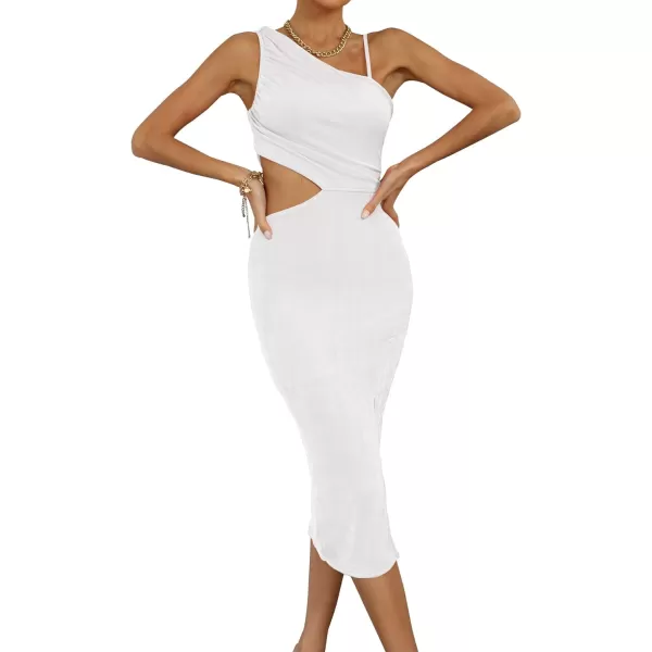 LYANER Women's One Shoulder Ruched Cut Out Split Slit Hem Sleeveless Bodycon Tank Midi Dress