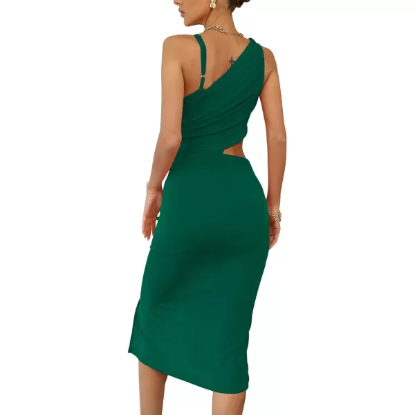 LYANER Women's One Shoulder Ruched Cut Out Split Slit Hem Sleeveless Bodycon Tank Midi Dress