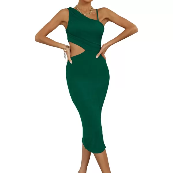 LYANER Women's One Shoulder Ruched Cut Out Split Slit Hem Sleeveless Bodycon Tank Midi Dress