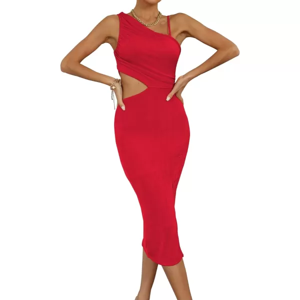 LYANER Women's One Shoulder Ruched Cut Out Split Slit Hem Sleeveless Bodycon Tank Midi Dress