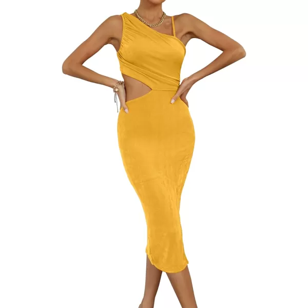 LYANER Women's One Shoulder Ruched Cut Out Split Slit Hem Sleeveless Bodycon Tank Midi Dress
