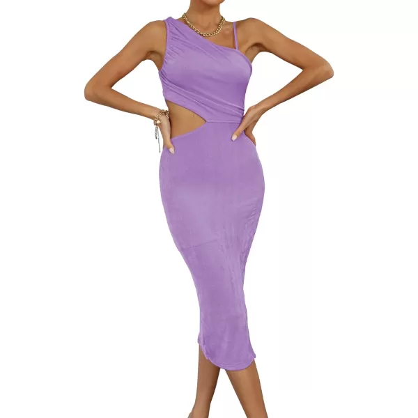LYANER Women's One Shoulder Ruched Cut Out Split Slit Hem Sleeveless Bodycon Tank Midi Dress