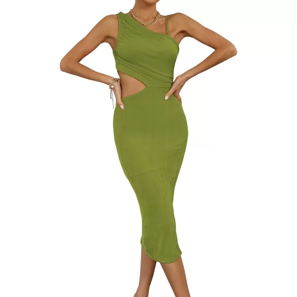 LYANER Women's One Shoulder Ruched Cut Out Split Slit Hem Sleeveless Bodycon Tank Midi Dress