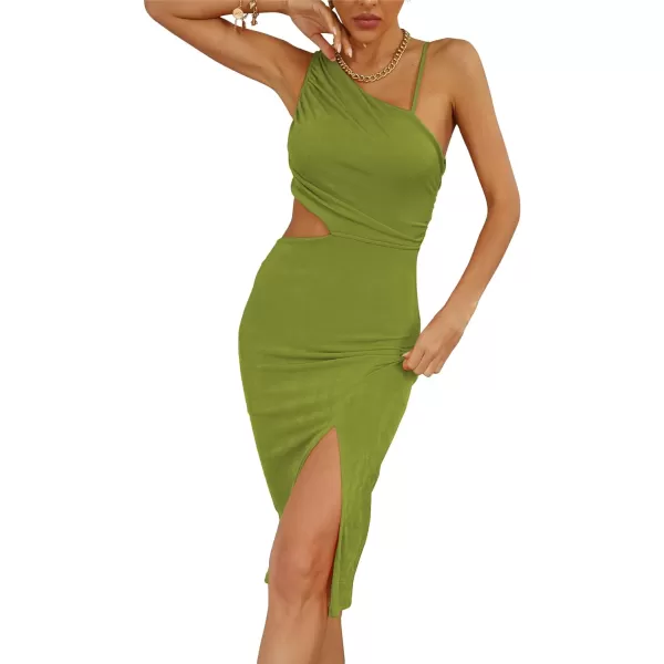 LYANER Women's One Shoulder Ruched Cut Out Split Slit Hem Sleeveless Bodycon Tank Midi Dress