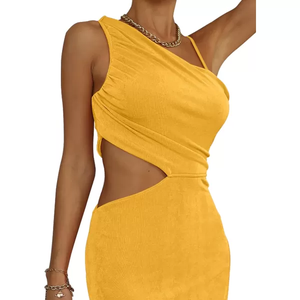LYANER Women's One Shoulder Ruched Cut Out Split Slit Hem Sleeveless Bodycon Tank Midi Dress