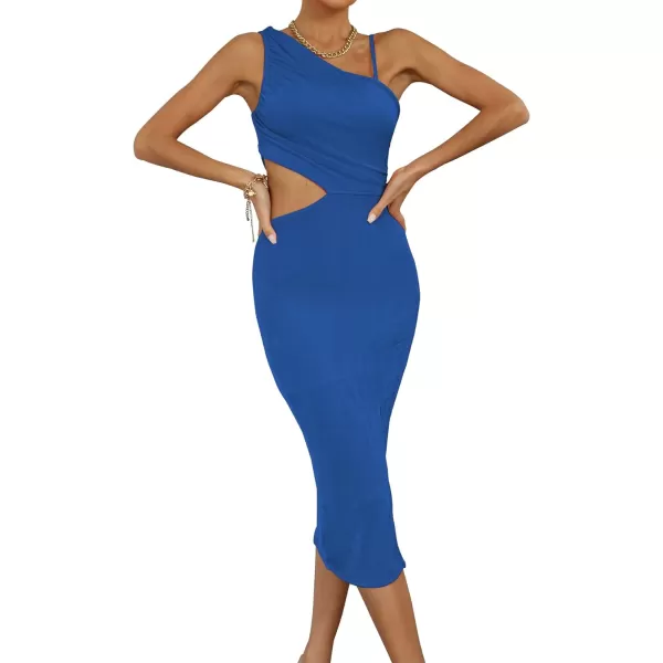 LYANER Women's One Shoulder Ruched Cut Out Split Slit Hem Sleeveless Bodycon Tank Midi Dress