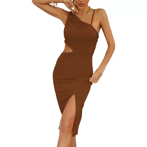 LYANER Women's One Shoulder Ruched Cut Out Split Slit Hem Sleeveless Bodycon Tank Midi Dress
