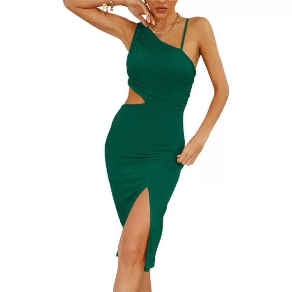 LYANER Women's One Shoulder Ruched Cut Out Split Slit Hem Sleeveless Bodycon Tank Midi Dress