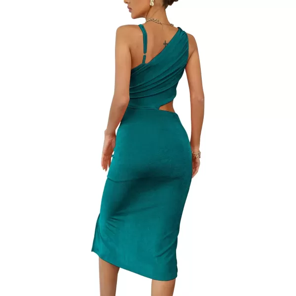 LYANER Women's One Shoulder Ruched Cut Out Split Slit Hem Sleeveless Bodycon Tank Midi Dress