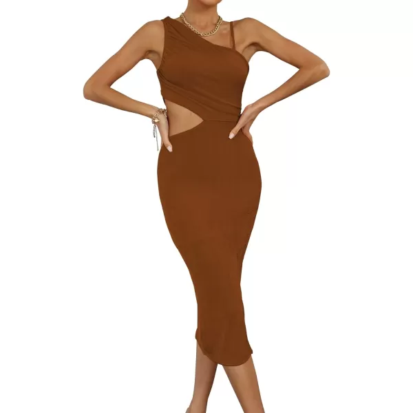 LYANER Women's One Shoulder Ruched Cut Out Split Slit Hem Sleeveless Bodycon Tank Midi Dress