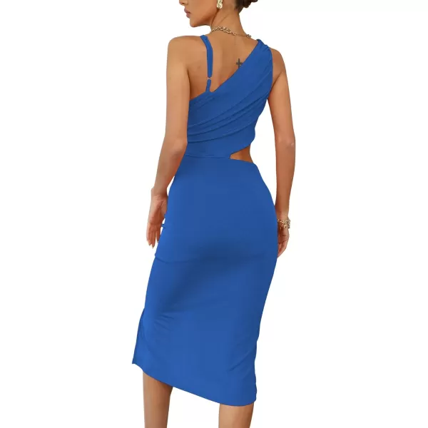LYANER Women's One Shoulder Ruched Cut Out Split Slit Hem Sleeveless Bodycon Tank Midi Dress