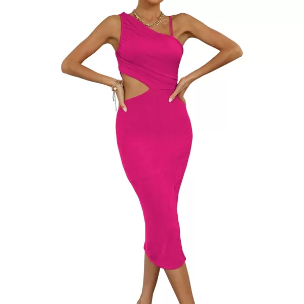 LYANER Women's One Shoulder Ruched Cut Out Split Slit Hem Sleeveless Bodycon Tank Midi Dress