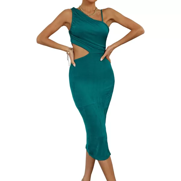 LYANER Women's One Shoulder Ruched Cut Out Split Slit Hem Sleeveless Bodycon Tank Midi Dress