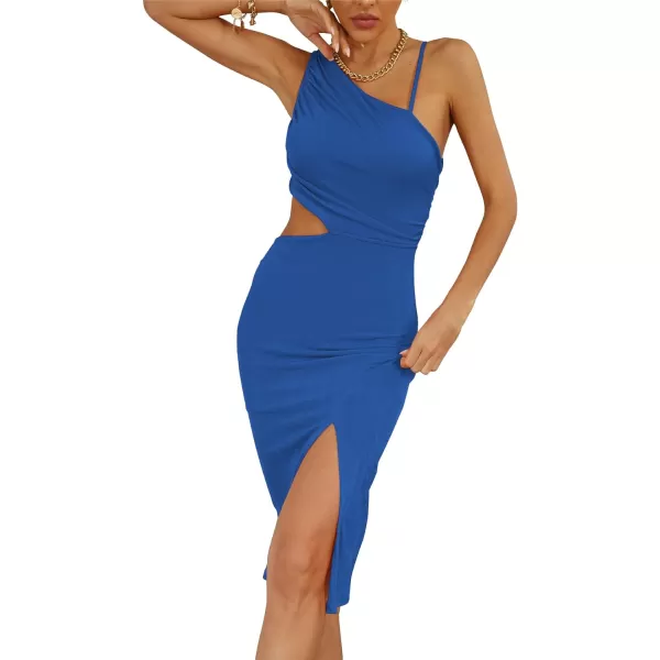 LYANER Women's One Shoulder Ruched Cut Out Split Slit Hem Sleeveless Bodycon Tank Midi Dress