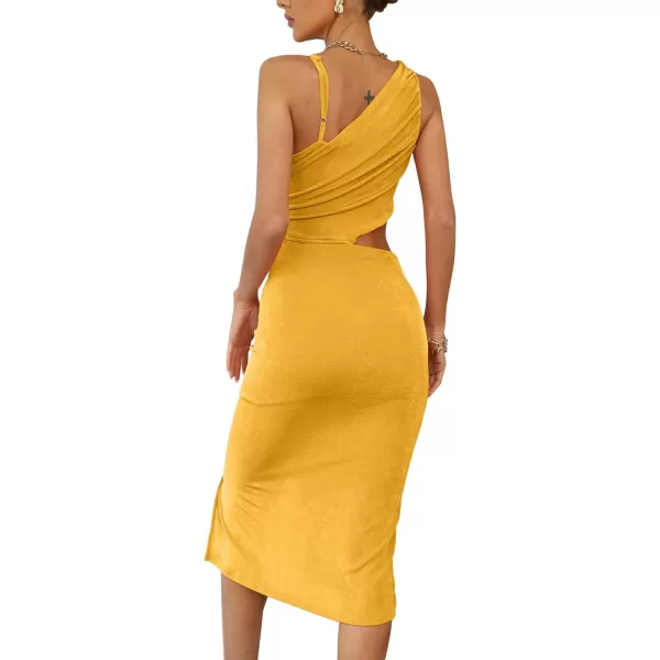 LYANER Women's One Shoulder Ruched Cut Out Split Slit Hem Sleeveless Bodycon Tank Midi Dress