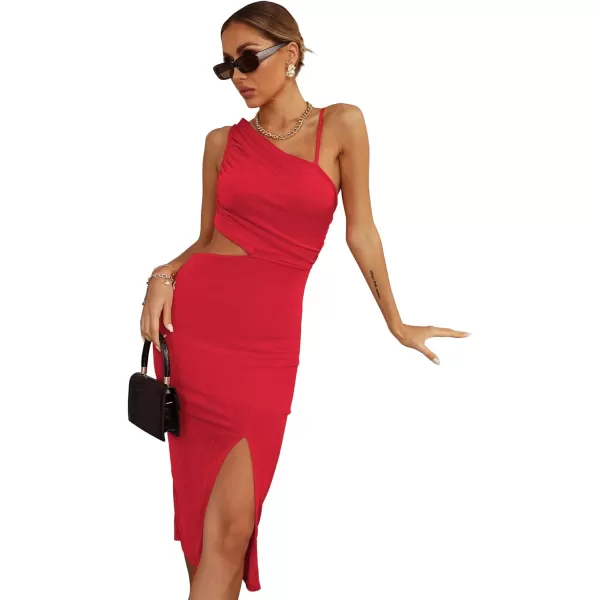 LYANER Women's One Shoulder Ruched Cut Out Split Slit Hem Sleeveless Bodycon Tank Midi Dress