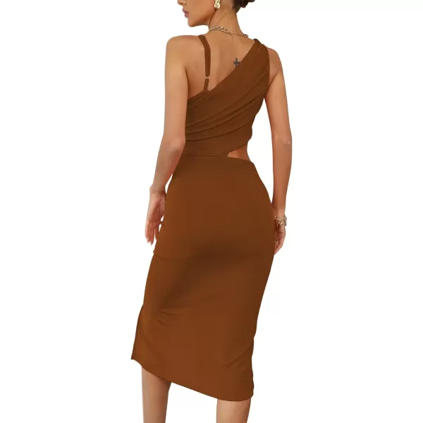 LYANER Women's One Shoulder Ruched Cut Out Split Slit Hem Sleeveless Bodycon Tank Midi Dress