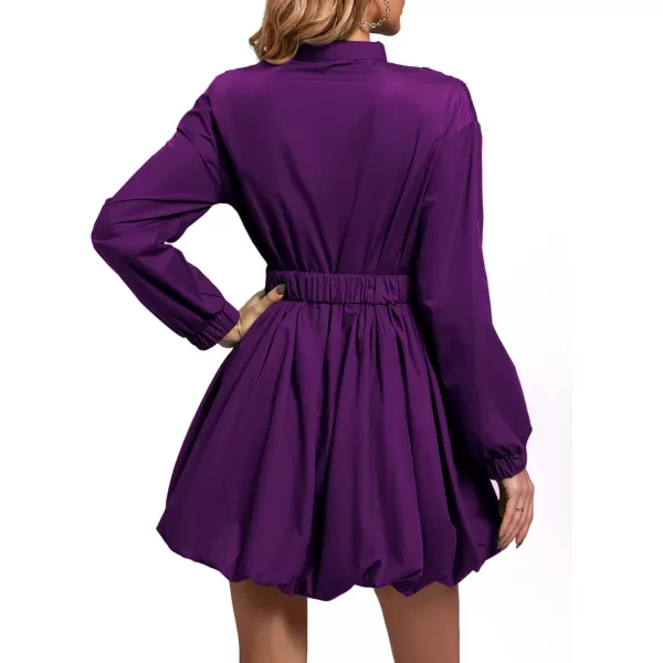 LYANER Women's Puff Long Sleeve V Neck Waist Belt Ruffle Casual A-Line Mini Dress