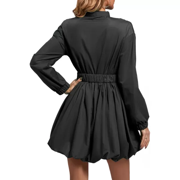 LYANER Women's Puff Long Sleeve V Neck Waist Belt Ruffle Casual A-Line Mini Dress