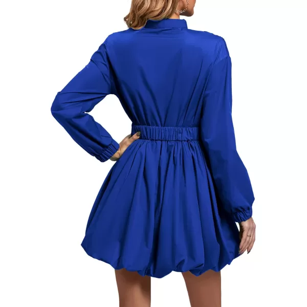 LYANER Women's Puff Long Sleeve V Neck Waist Belt Ruffle Casual A-Line Mini Dress