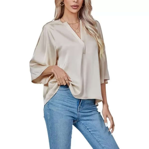 LYANER Women's Satin Elegant Casual V Neck 3/4 Sleeve Solid Blouse Top Shirt