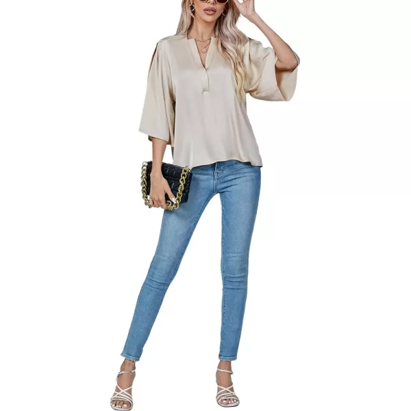LYANER Women's Satin Elegant Casual V Neck 3/4 Sleeve Solid Blouse Top Shirt