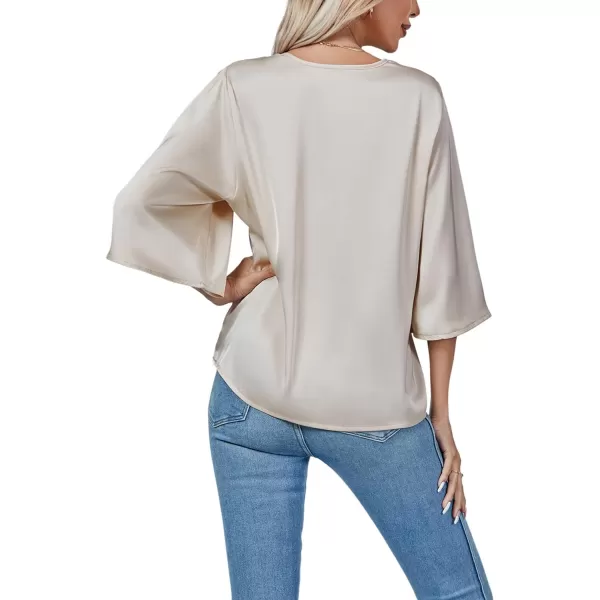 LYANER Women's Satin Elegant Casual V Neck 3/4 Sleeve Solid Blouse Top Shirt
