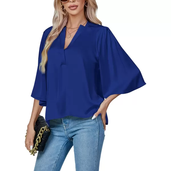 LYANER Women's Satin Elegant Casual V Neck 3/4 Sleeve Solid Blouse Top Shirt