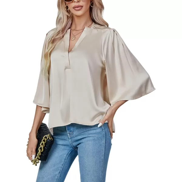 LYANER Women's Satin Elegant Casual V Neck 3/4 Sleeve Solid Blouse Top Shirt