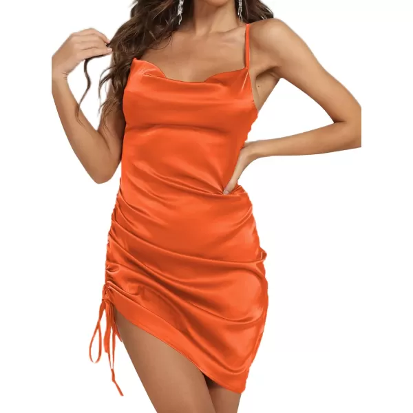 LYANER Women's Satin Ruched Side Drawstring Spaghetti Strap Bodycon Cocktail Mini Dress