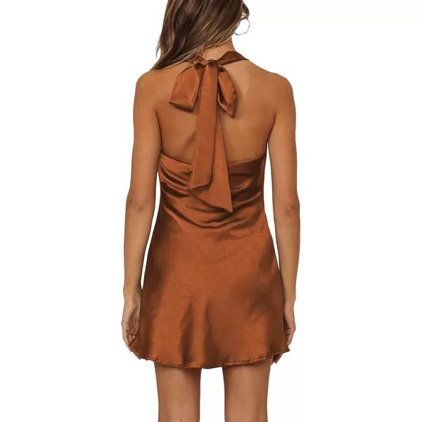 LYANER Women's Satin Silk Draped Cowl Neck Halter Self Tie Back Cocktail Bodycon Short Dresses