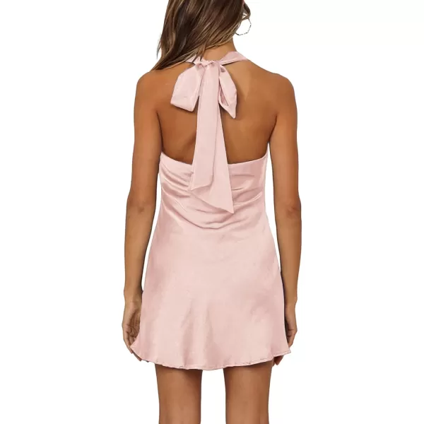 LYANER Women's Satin Silk Draped Cowl Neck Halter Self Tie Back Cocktail Bodycon Short Dresses
