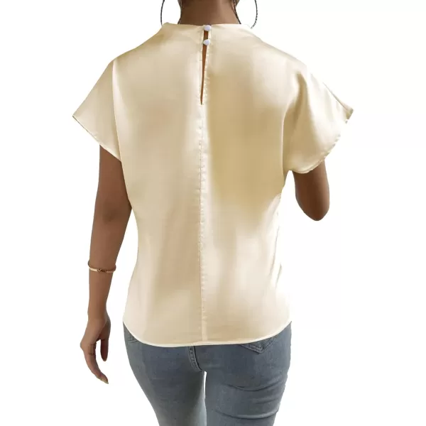 LYANER Women's Satin Silk Mock Neck Batwing Short Sleeve Ruffle Top Shirt Blouse