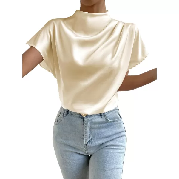 LYANER Women's Satin Silk Mock Neck Batwing Short Sleeve Ruffle Top Shirt Blouse