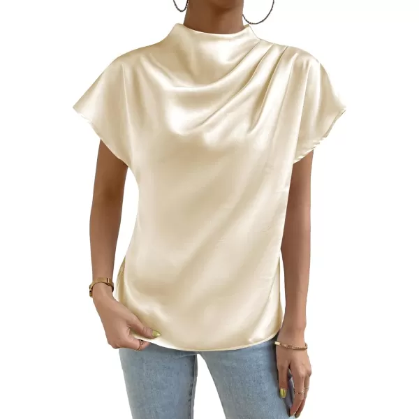 LYANER Women's Satin Silk Mock Neck Batwing Short Sleeve Ruffle Top Shirt Blouse