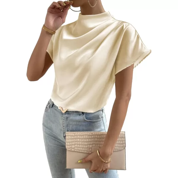 LYANER Women's Satin Silk Mock Neck Batwing Short Sleeve Ruffle Top Shirt Blouse
