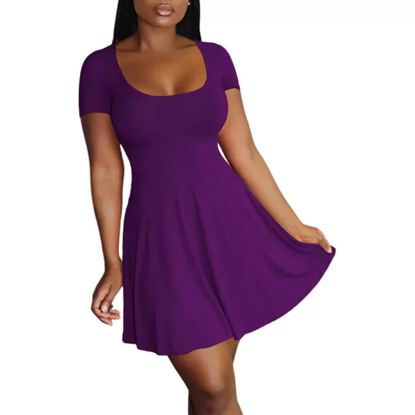 LYANER Women's Scoop Neck Short Sleeve Ruffle Hem A Line Flare Mini Basic Dress