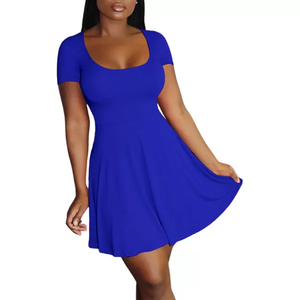 LYANER Women's Scoop Neck Short Sleeve Ruffle Hem A Line Flare Mini Basic Dress
