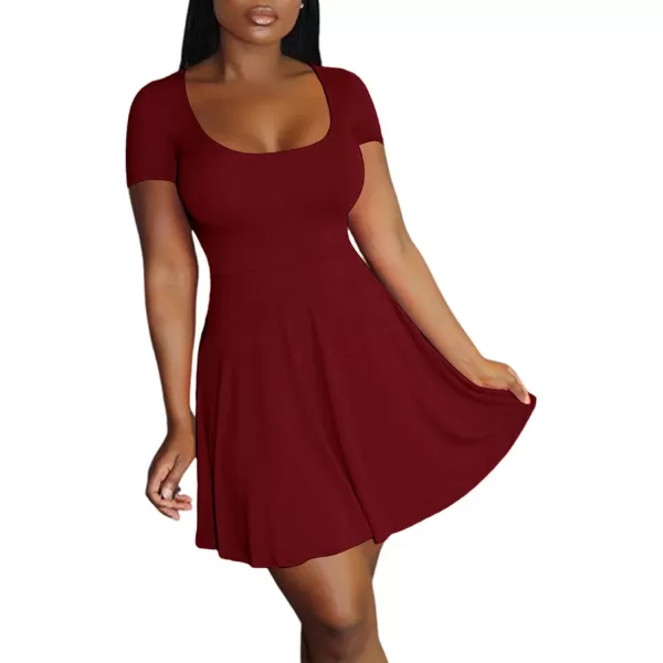 LYANER Women's Scoop Neck Short Sleeve Ruffle Hem A Line Flare Mini Basic Dress