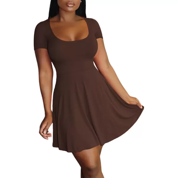 LYANER Women's Scoop Neck Short Sleeve Ruffle Hem A Line Flare Mini Basic Dress