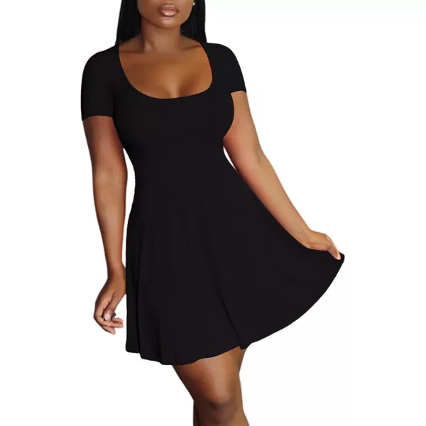 LYANER Women's Scoop Neck Short Sleeve Ruffle Hem A Line Flare Mini Basic Dress