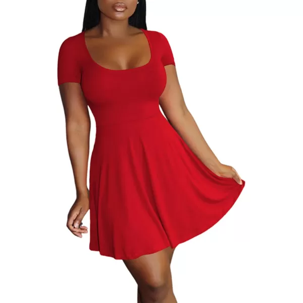 LYANER Women's Scoop Neck Short Sleeve Ruffle Hem A Line Flare Mini Basic Dress