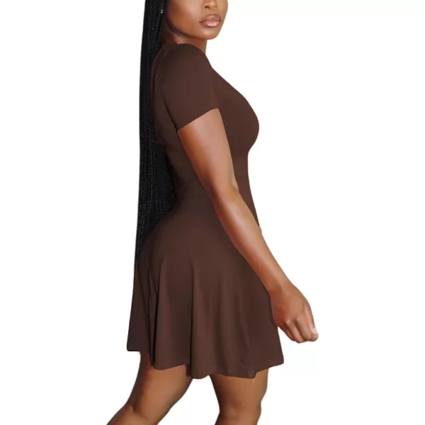 LYANER Women's Scoop Neck Short Sleeve Ruffle Hem A Line Flare Mini Basic Dress
