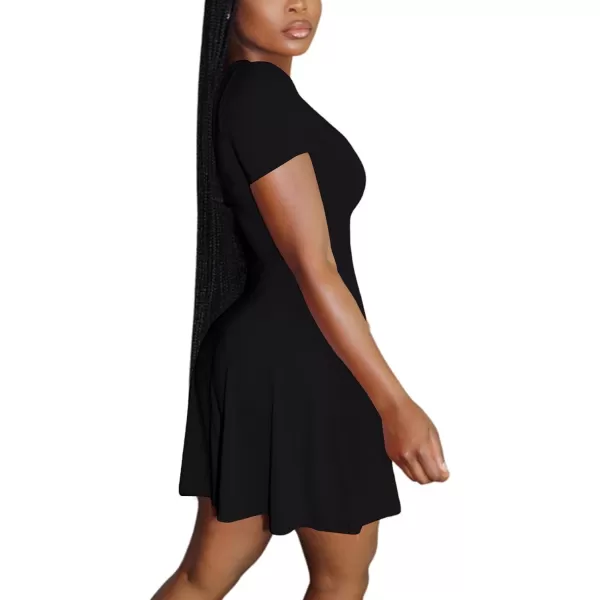 LYANER Women's Scoop Neck Short Sleeve Ruffle Hem A Line Flare Mini Basic Dress