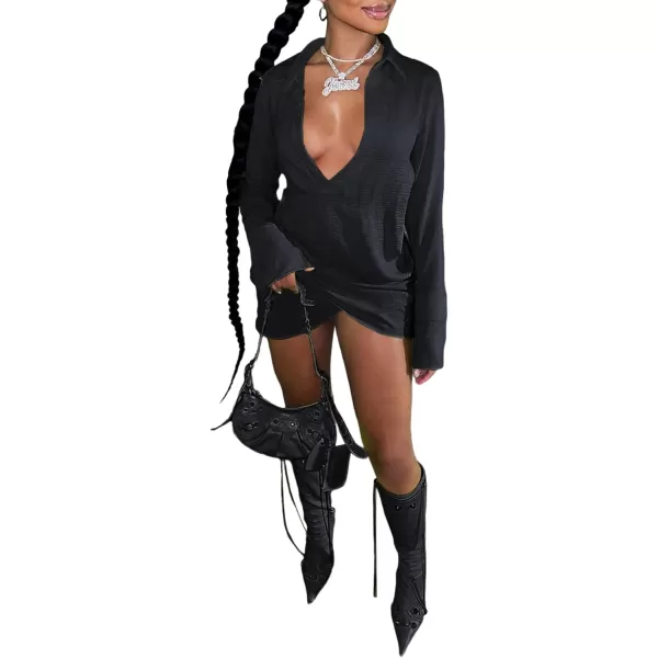 LYANER Women's Sexy Collar V Neck Wrap Hem Long Sleeve Club Party Bodycon Mini Dress
