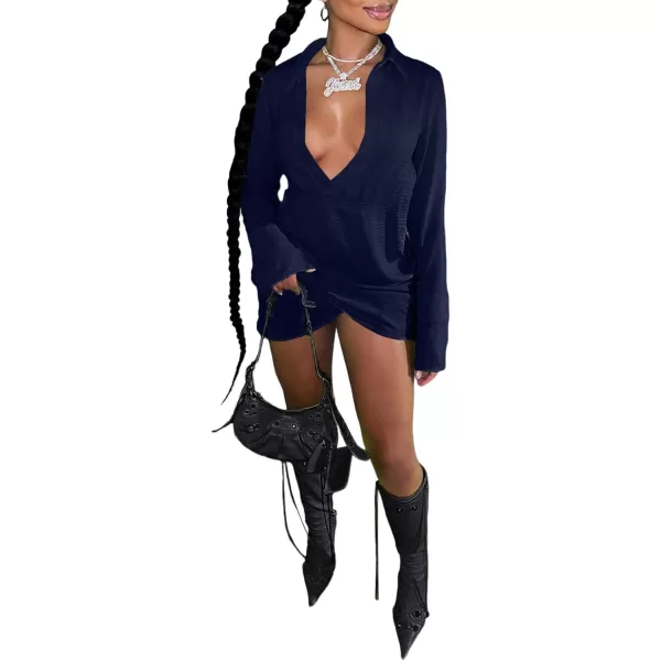 LYANER Women's Sexy Collar V Neck Wrap Hem Long Sleeve Club Party Bodycon Mini Dress